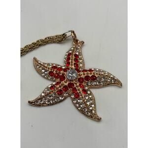 Beautiful Red And Clear Rhinestone Statement Starfish Necklace Sealife Marine